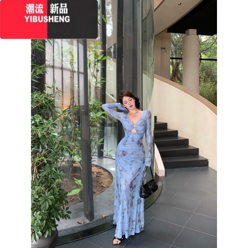 YIBUSHENG蓝色扎染印花长袖连衣裙女装季辣妹v领长裙显身材收腰鱼尾裙子