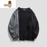 YANXU拼色情侣毛衣男小众设计感拼接圆领线衣街头帅气暗黑系个性针织衫 黑色 L