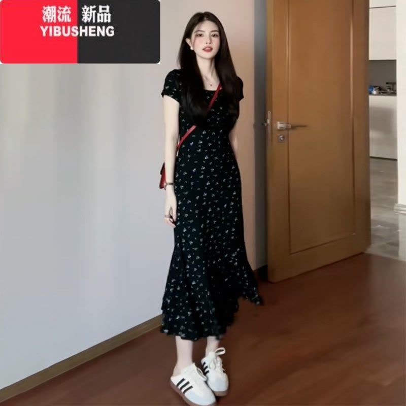 YIBUSHENG法式黑色碎花短袖连衣裙子女装季2024新款修身收腰显瘦气质长裙图片