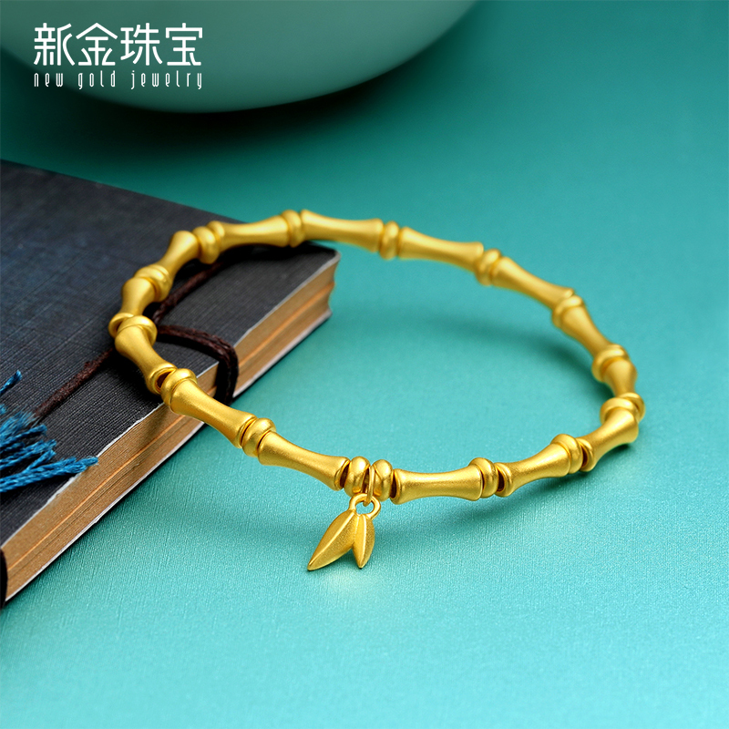 新金珠宝黄金竹叶手链足金999古法首饰3d硬金竹节手串送女友礼物1042