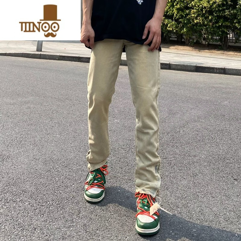 YANXU欧美高街vibe做旧黄泥染牛仔裤男裤脚拉链开叉嘻哈直筒修身裤子潮高清大图