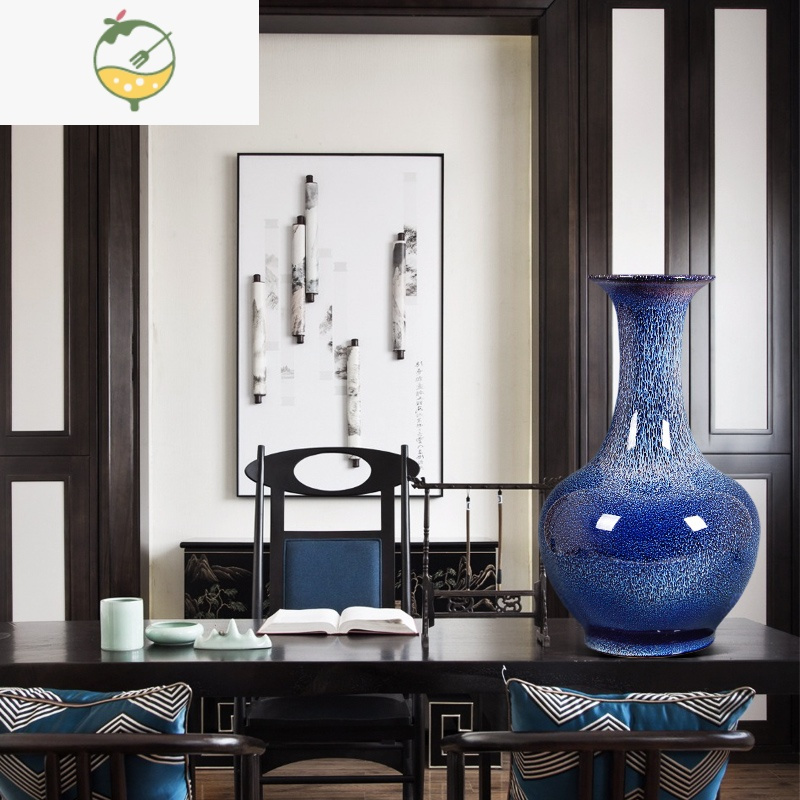YICHENG景德镇陶瓷器花瓶插花摆件中式家居装饰品客厅酒柜博古架蓝色大号