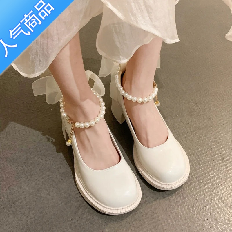 SUNTEK法式少女粗跟玛丽珍单鞋女夏2023年新款珍珠小皮鞋温柔仙女风凉鞋