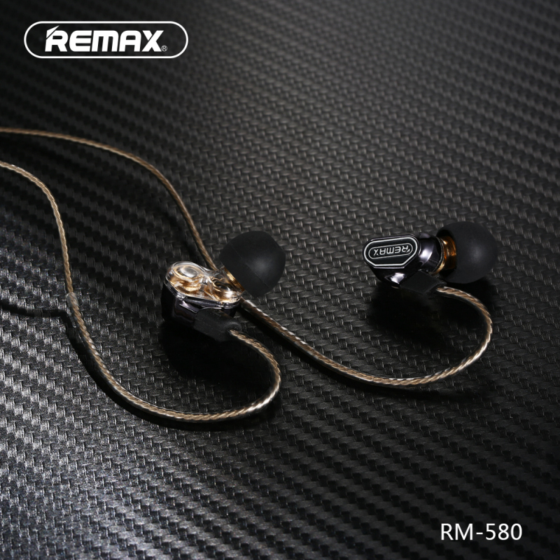 Remax睿量RM-580双动圈有线耳机入耳式hifi四核重低音耳塞式线控带麦k歌直播游戏电竞通用型-金色