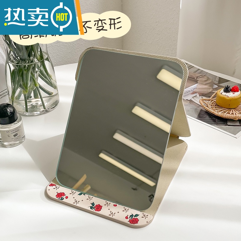 敬平随身便携公主镜皮质复古折叠镜卧室宿舍桌面台式化妆高清梳妆镜子 复古玫瑰折叠镜 特大号便携式用镜高清大图