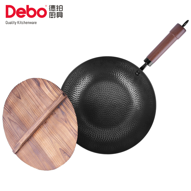 Debo德铂雷克顿手工锻打炒锅 铁锅炒菜不粘生铁锅配木盖31cm