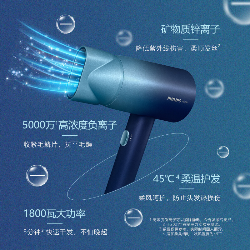 飞利浦(Philips) 电吹风 5000万负离子家用大功率恒温护发高颜值吹风筒 BHD399/65