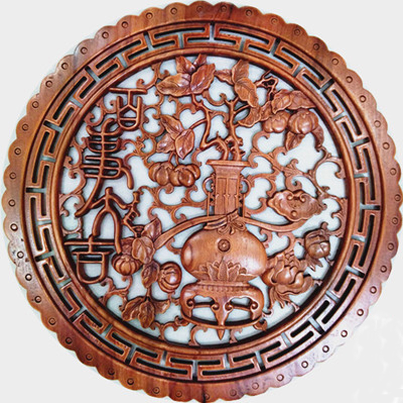 礼品之家 东阳木 乔迁搬家礼品 香樟实木四季福字挂件 58圆形玄关壁挂中式仿古装修壁饰