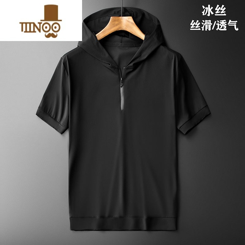 YANXU2023夏装短袖卫衣男连帽冰丝t恤男冰感宽松衣服男ins半袖白t大码高清大图