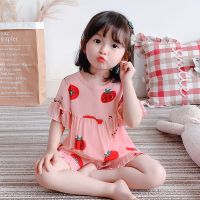 夏季棉绸儿童女童睡衣短袖公主中大童薄款绵绸小孩宝宝家居服套装 百褶袖棉绸DD红色番茄 100码适合85-95cm