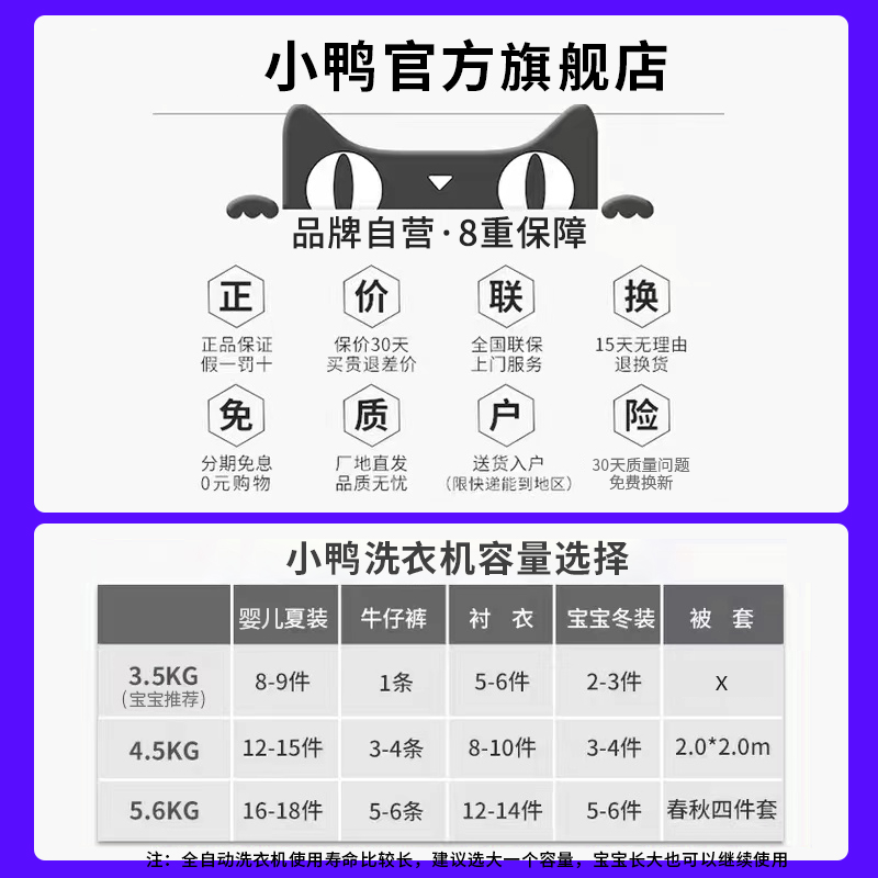 小鸭3.5公斤迷你全自动洗衣机小型家用母婴儿童宝宝内衣裤袜子专用洗脱一体 高温煮洗 杀菌除螨 六大安全程序高清大图