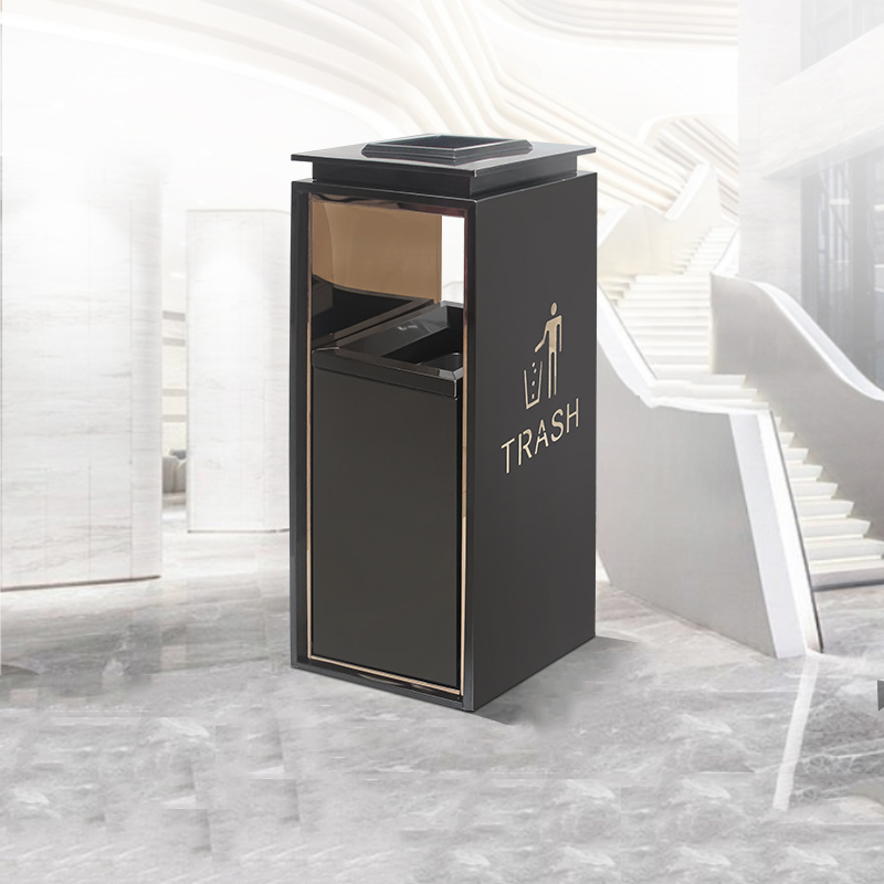 绵冠 酒店垃圾桶 不锈钢电梯口大堂立式 无指纹小号黑金+烟灰缸 290*290*720mm