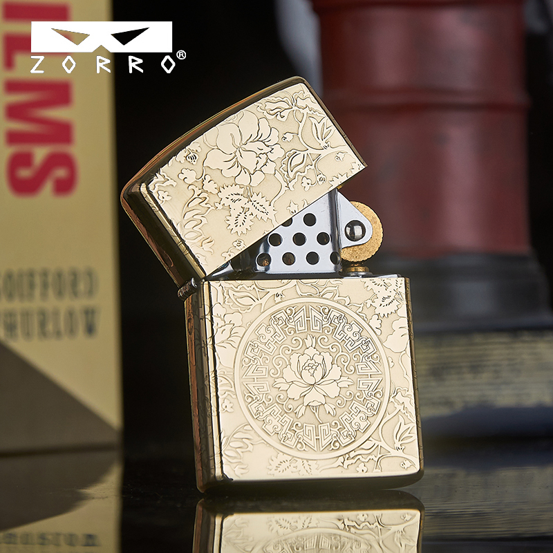 苏宁自营佐罗煤油打火机zorro正品富贵牡丹雕刻打火机情人节礼物送