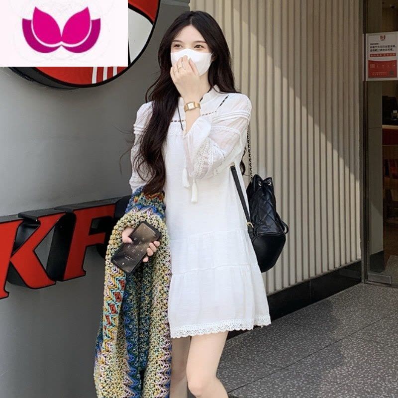 七斓超仙初恋森系白色连衣裙子女高级感气质民族风斗蓬披肩套装图片