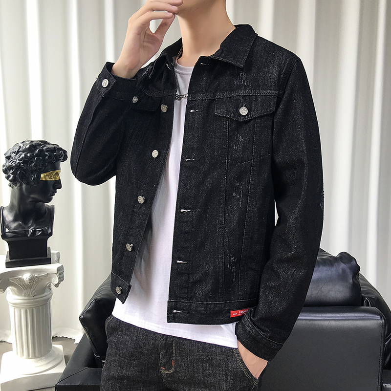 吉普战车(JIPUZHANCHE)2021秋冬新款男士牛仔服男外套男青少年休闲韩版潮流帅气修身学生黑色夹克