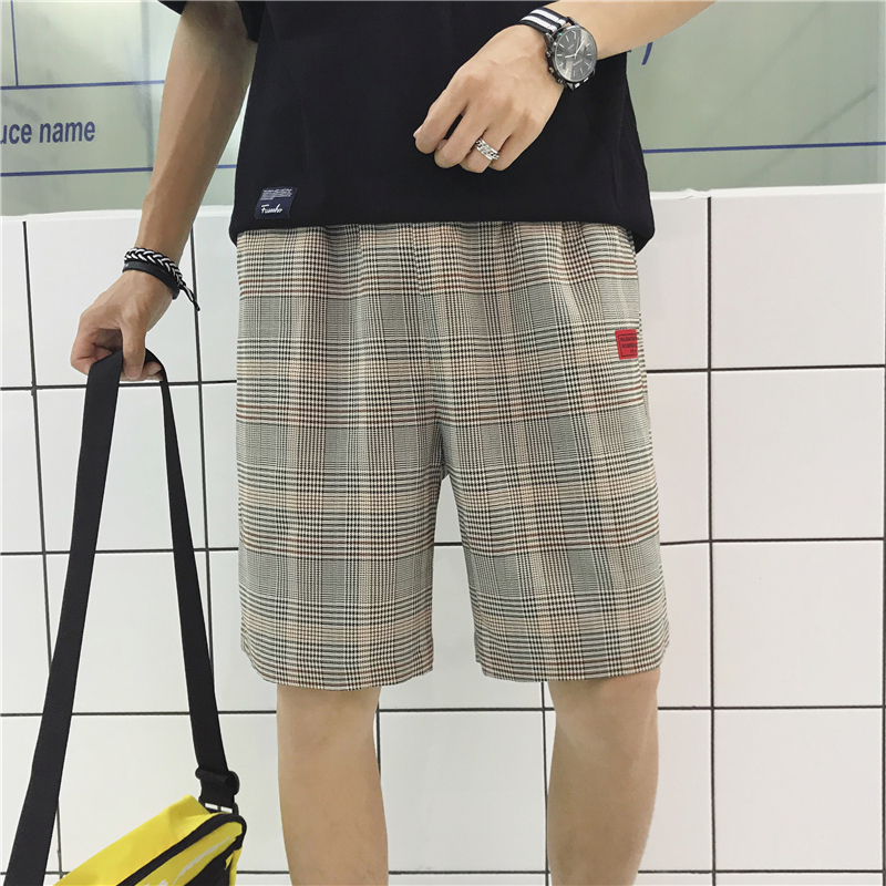 夏季裤子男士韩版潮流短裤五分裤格子宽松直筒休闲5分裤男裤中裤