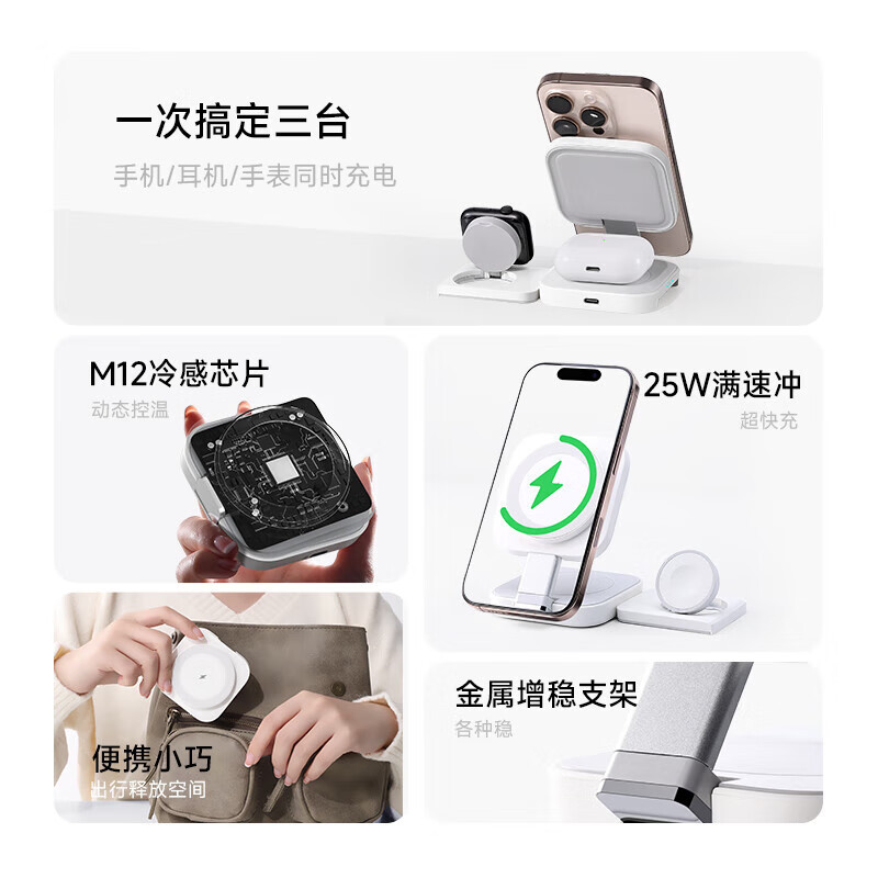 W&P 适用苹果磁吸快充便携三合一移动电源迷你无线充电器 N3 白色高清大图