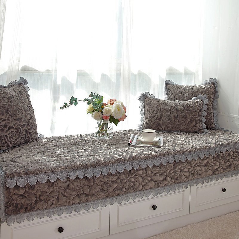 汐岩阳台飘窗垫窗台垫卧室飘窗装饰榻榻米四季坐垫儿童房公主风飘窗毯 玫瑰毛绒-灰色宽70+20*长160cm一张