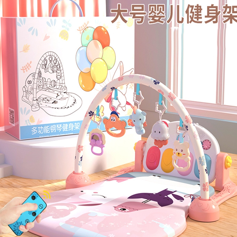 静蝉幽格脚踏钢琴婴儿健身架新生幼儿4女宝宝5躺着玩2踩3一6个月0-1岁玩具_蓝遥控充电版飞机摇铃6件球不倒翁摇铃锤