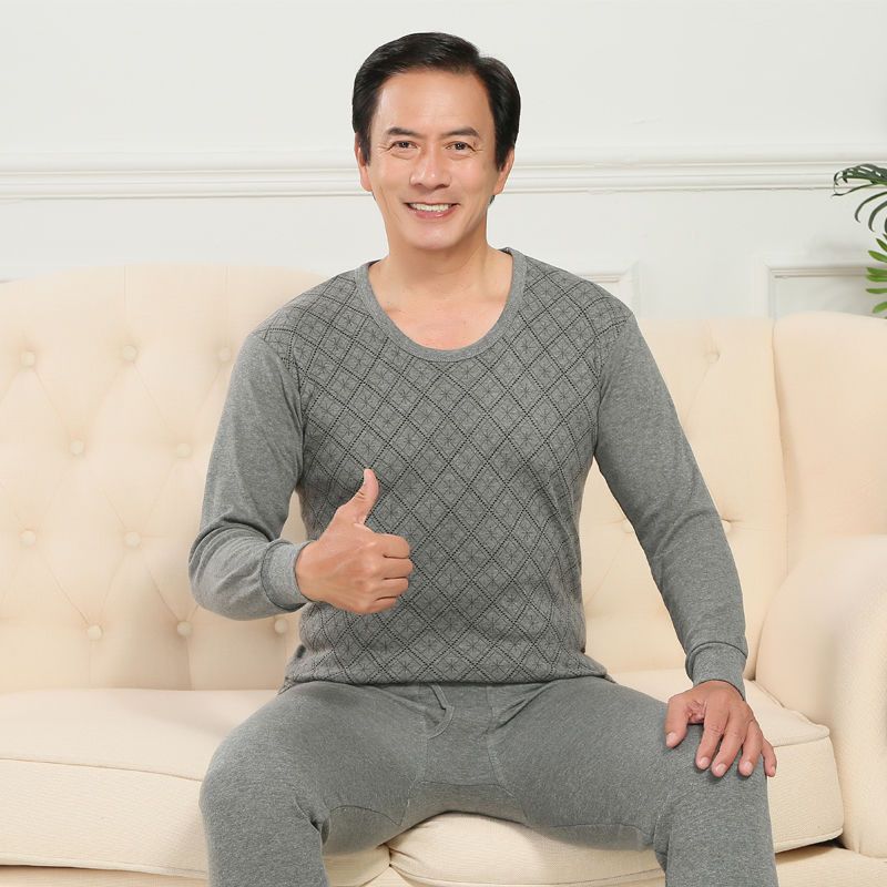 俞兆林 男士保暖内衣纯棉薄款爸爸中老年人大码秋衣秋裤套装男冬季棉毛衫 藏青菱形圆领高清大图