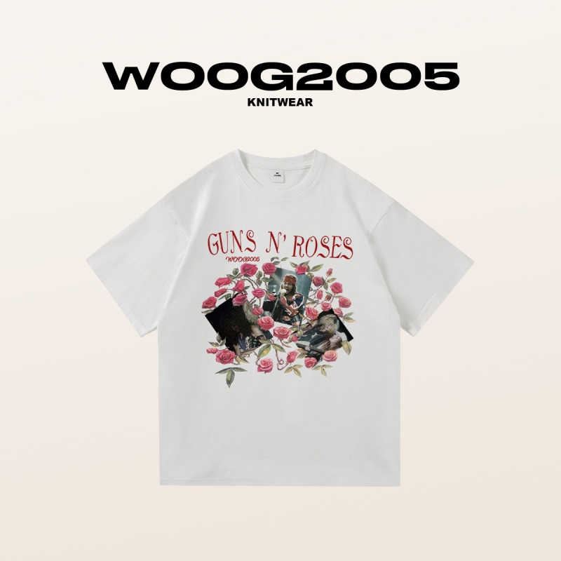 WOOG2005枪花GnR玫瑰花印花T恤短袖t恤纯棉 100美式hiphop潮牌ins