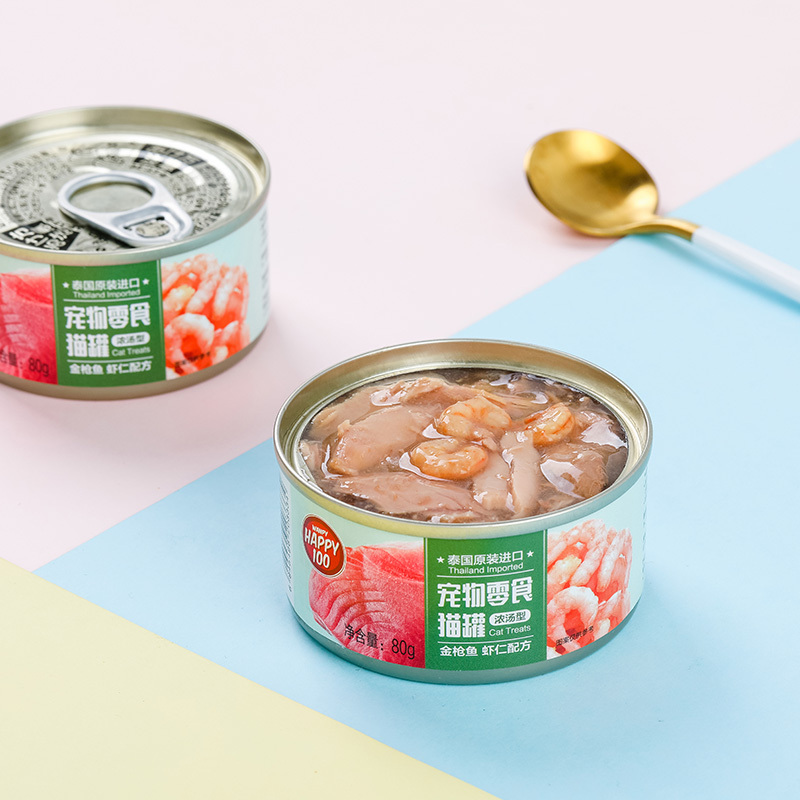 顽皮Happy100宠物零食 猫罐 金枪鱼 虾仁鱼配方浓汤型80g*12