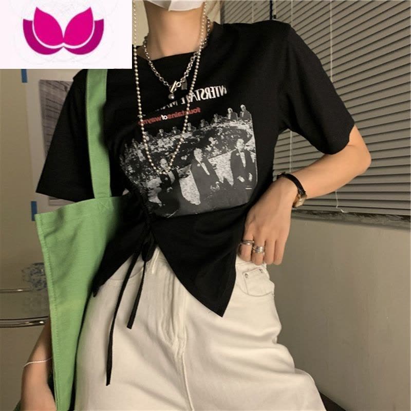七斓大码胖妹妹复古chic抽绳开叉正肩显瘦短袖T恤女新款酷甜上衣图片