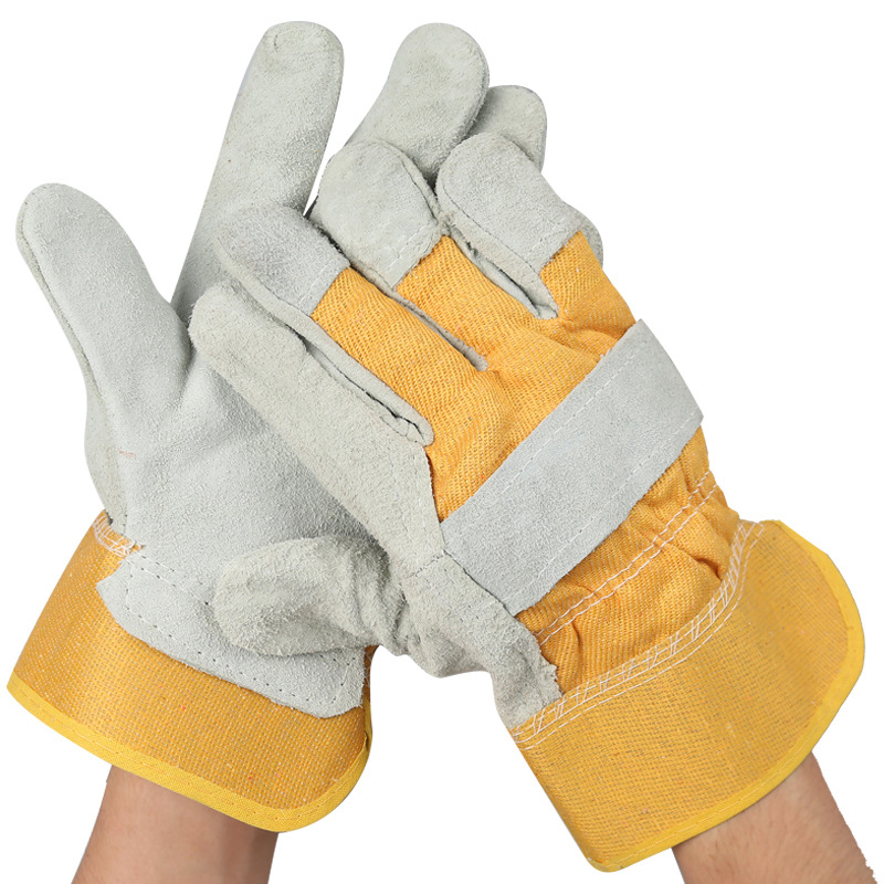 翌嘉YJ5121716焊工手套耐磨防滑黄布二指全掌牛皮电焊手套加厚防护劳保手套(12双)高清大图