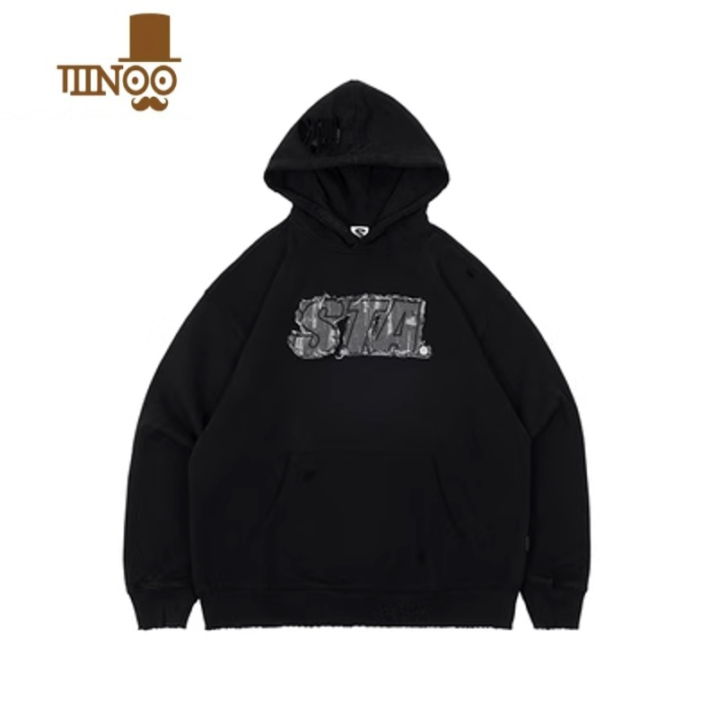 YANXUSTA国潮2023刺绣牛仔LOGO破坏连帽卫衣男女美式宽松长袖帽S高清大图