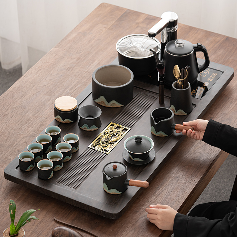 苏氏陶瓷(SUSHI CERAMICS)茶具套装自动烧水壶年年有余茶盘配整套国潮风釉画彩千里江山茶杯