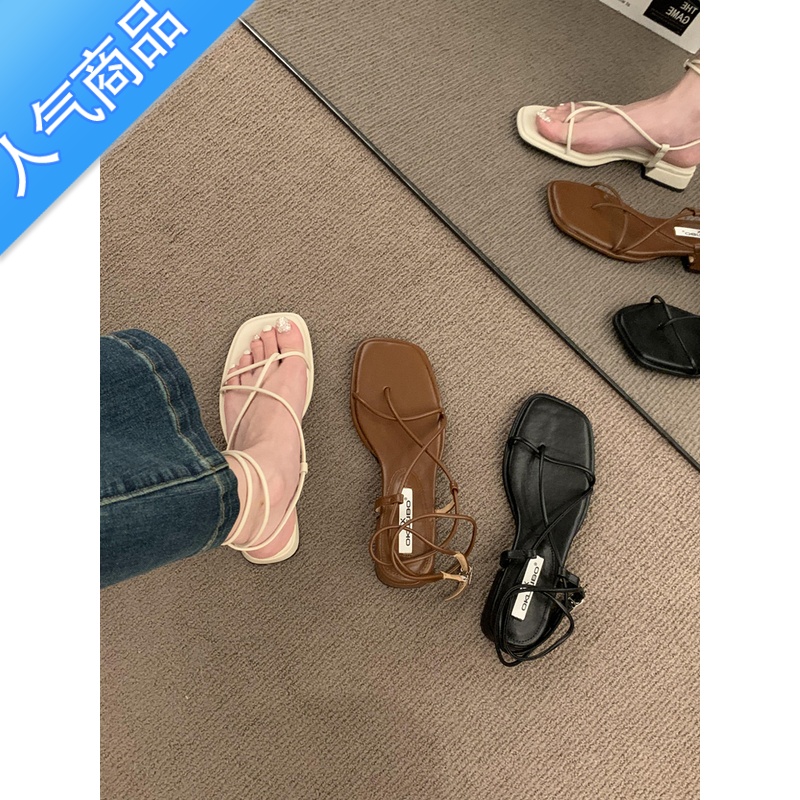 SUNTEK法式高级感细带夹趾罗马鞋2023年新款夏季平底粗跟仙女风绝美凉鞋高清大图