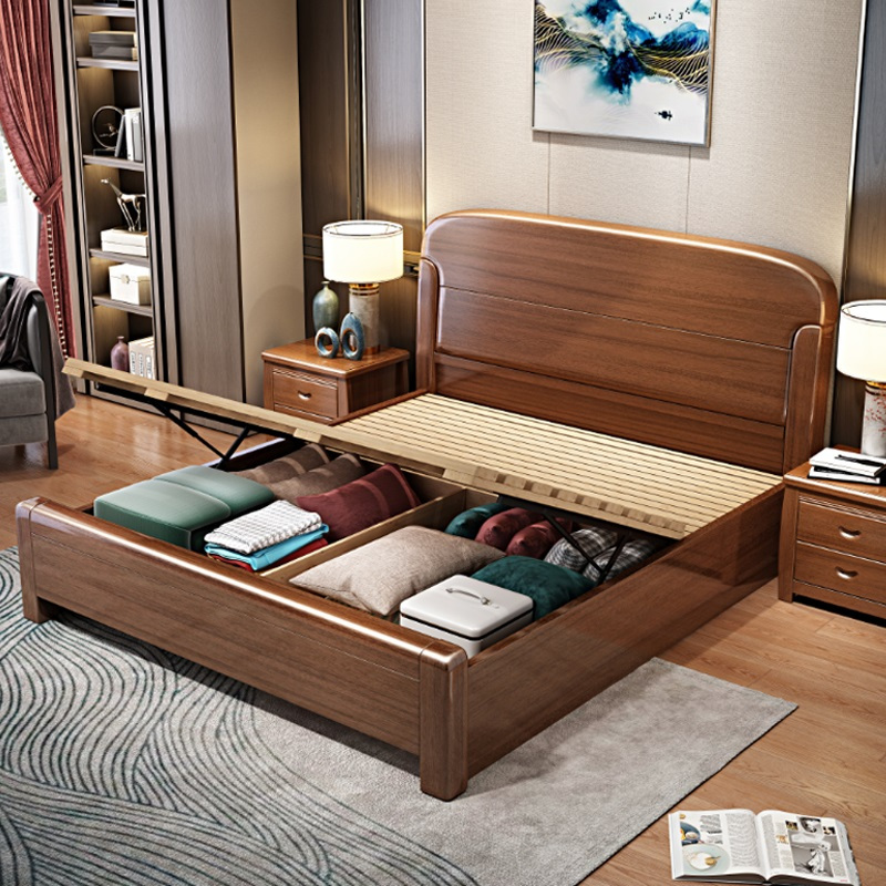 景山百岁 床 金丝胡桃木床 实木床 现代中式全实木家具 木质婚床 双人床1.8 1.5米高箱储物主卧床 抽屉床 1211