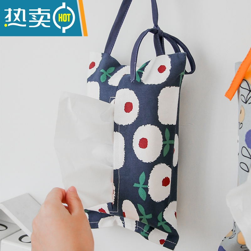 敬平丹麦设计田园风纸巾袋车载椅背抽纸包布艺可爱家用纸巾盒挂式车用 带挂绳-蓝白花朵