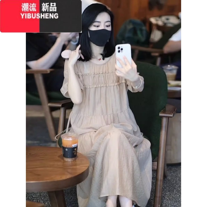 YIBUSHENG高级感纱料连衣裙女2024年季新款高端定制宽松减龄短袖拼接长裙