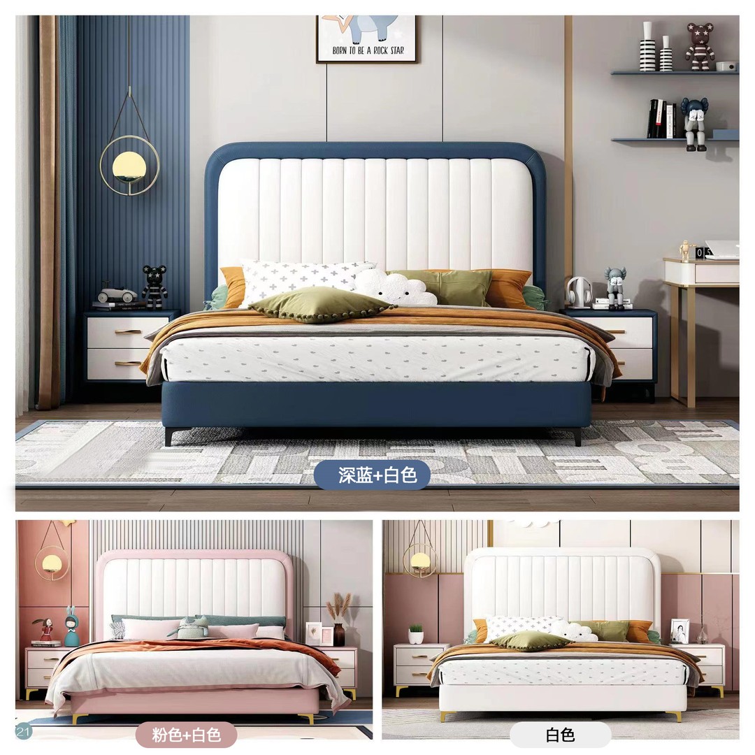 钢琴键小孩软包男孩女孩床粉色轻奢奶油风儿童房公主床高清大图