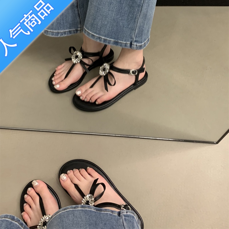 SUNTEK夹脚凉鞋女2023年新款夏季法式晚风仙女水钻蝴蝶结外穿沙滩平底鞋高清大图