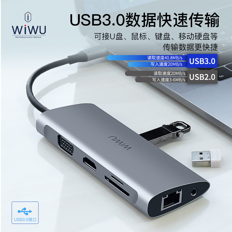 苹果笔记本电脑typec扩展坞macbookpro拓展usb网线|【千兆网口+读卡款】六合一银色