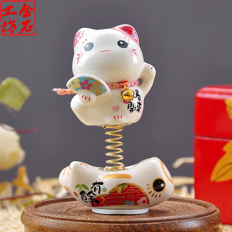 猫汽车摆件弹簧公仔陶瓷摇头娃娃车仔送朋友平安车饰 三维工匠 SE6019常乐坚持猫高清大图