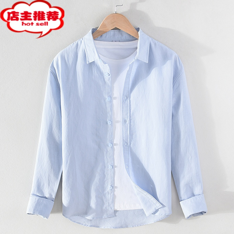 shanchao春季亚麻衬衫男长袖宽松休闲薄款纯色日系复古工装白棉麻衬衣