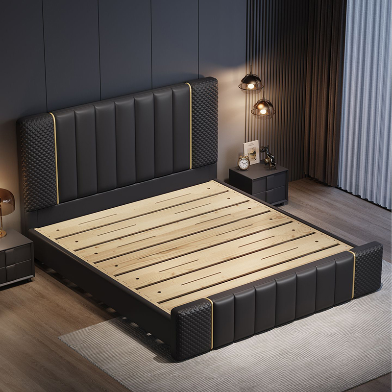 意式真皮床轻奢现代简约双人床主卧室满铺榫卯实木储物床婚床高清大图