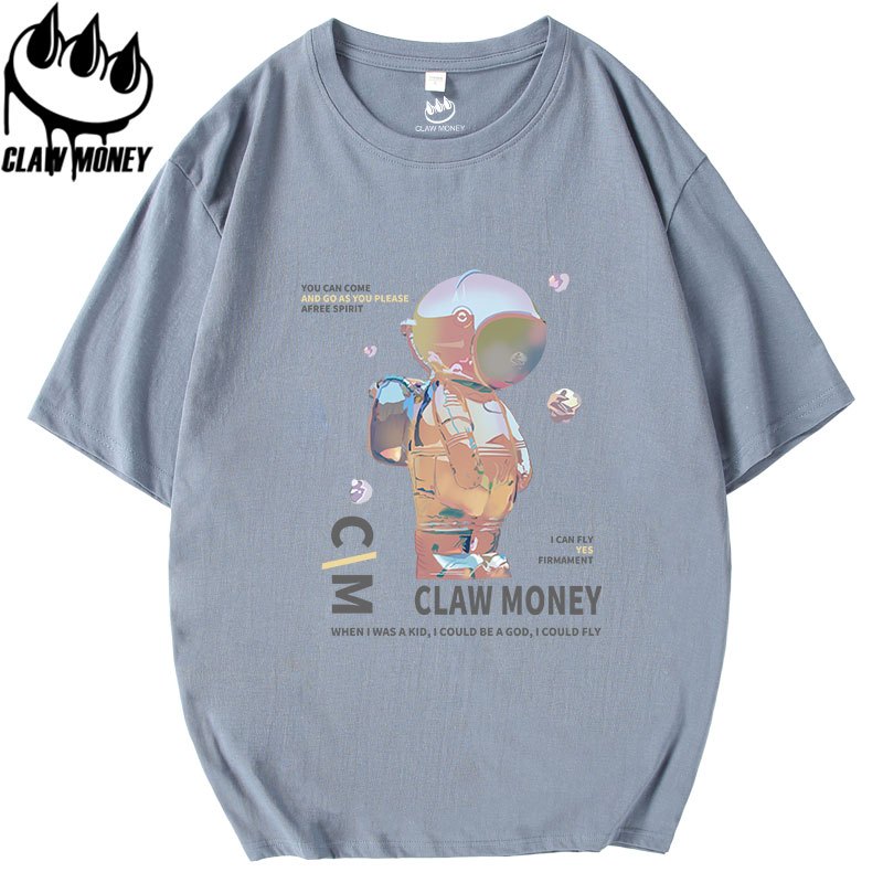 Claw money潮牌短袖T恤男纯棉圆领宇航员印花体恤宽松青少年半袖