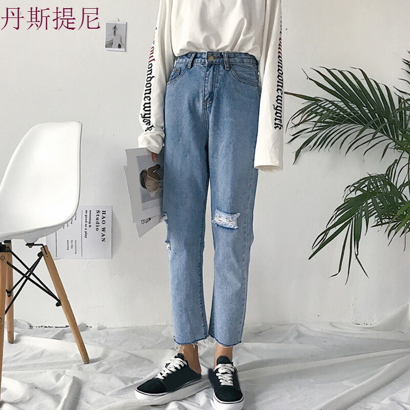 秋季韩版复古bf风个性破洞牛仔裤女宽松显瘦高腰九分裤直筒裤蓝色