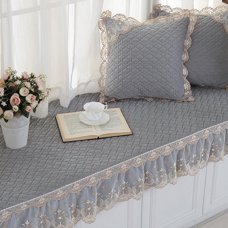 汐岩窗台垫北欧飘窗垫四季卧室飘窗榻榻米垫可机洗公主房阳台垫子定做 昔云-浅灰色(60宽+15裙摆)*210cm长
