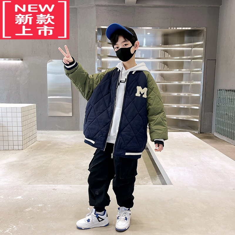 可莉允男童春秋冬款夹棉衣外套2022新款中大儿童装男孩洋气棒球服棉袄潮棉服