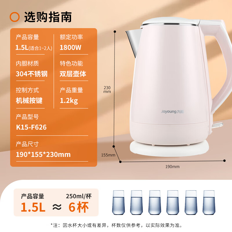 九阳(Joyoung)热水壶烧水壶电水壶 双层防烫304不锈钢 家用大容量0胶水电热水壶 K15-F626高清大图