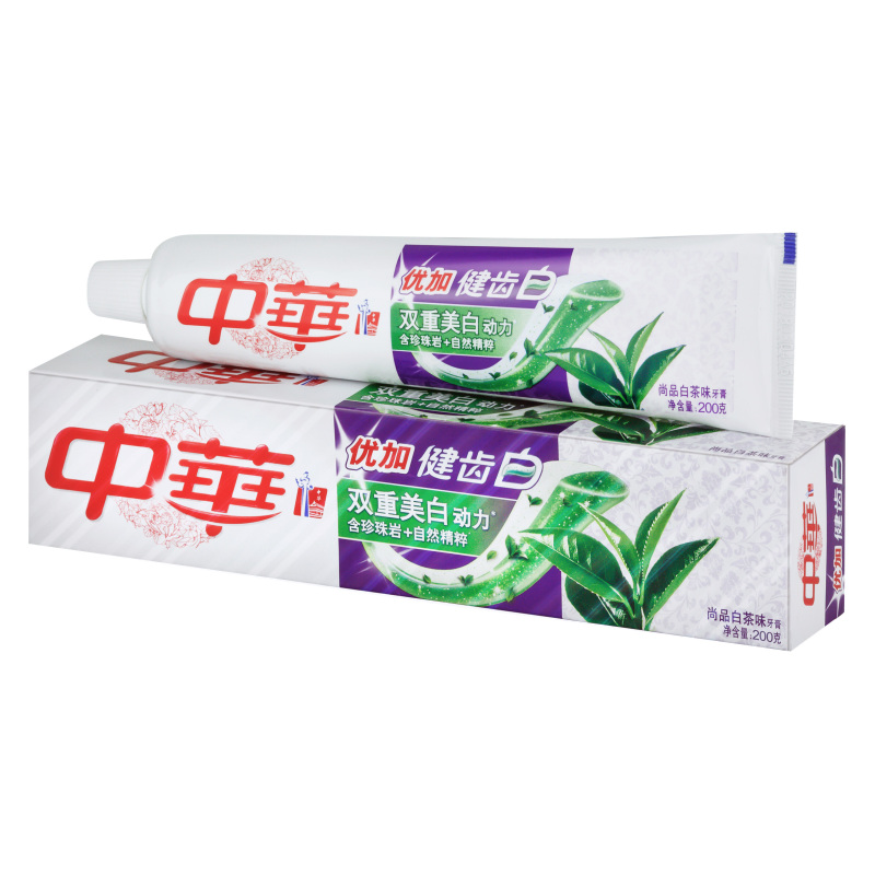 中华优加健齿白牙膏尚品白茶味护龈亮白清新200g54支整箱装