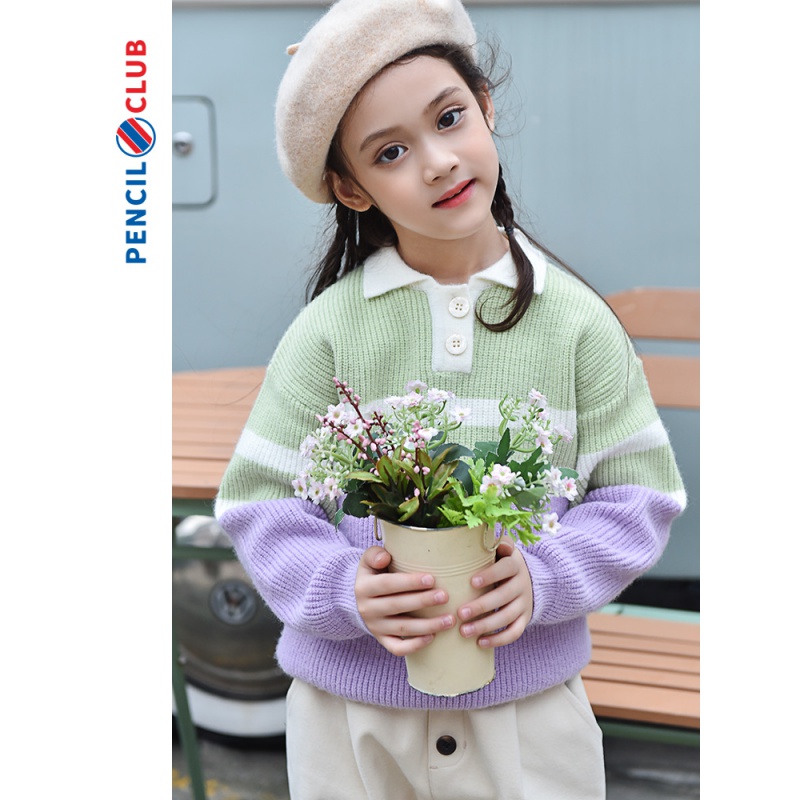 [福利]铅笔俱乐部童装女童秋装毛衣撞色小清新儿童针织衫翻领