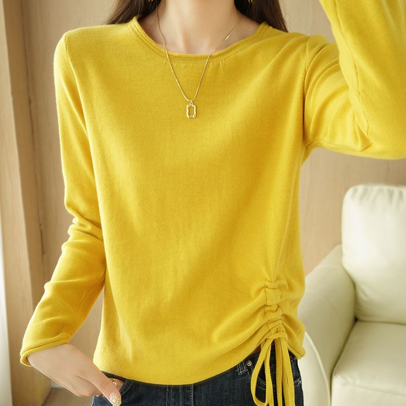 秋冬新品棉圆领女针织衫长袖外穿韩版抽绳色显瘦宽松打底衫