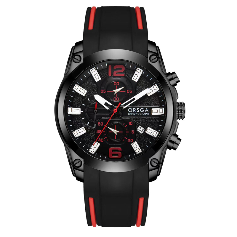 ORSGA手表男炫酷硅胶多功能男手表三眼六针潮流运动学生石英表双日历防水电子男士手表防水男表9003G 黑色硅胶带黑壳黑面