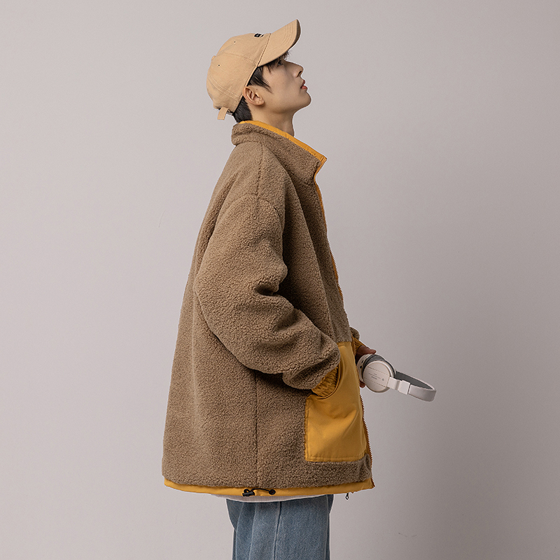 yuansu羊羔毛外套男冬装新款韩版工装两面穿宽松情侣款女棉衣服潮牌